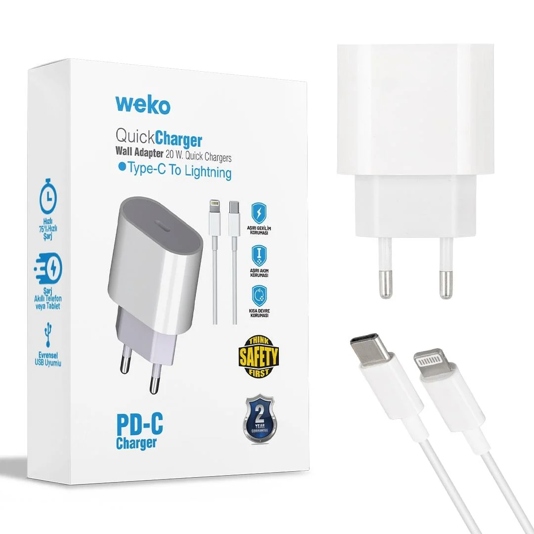 Şarj Adaptörü + Type-C Lightning Kablo - Weko WK-21443 20W Uyumlu PD-C