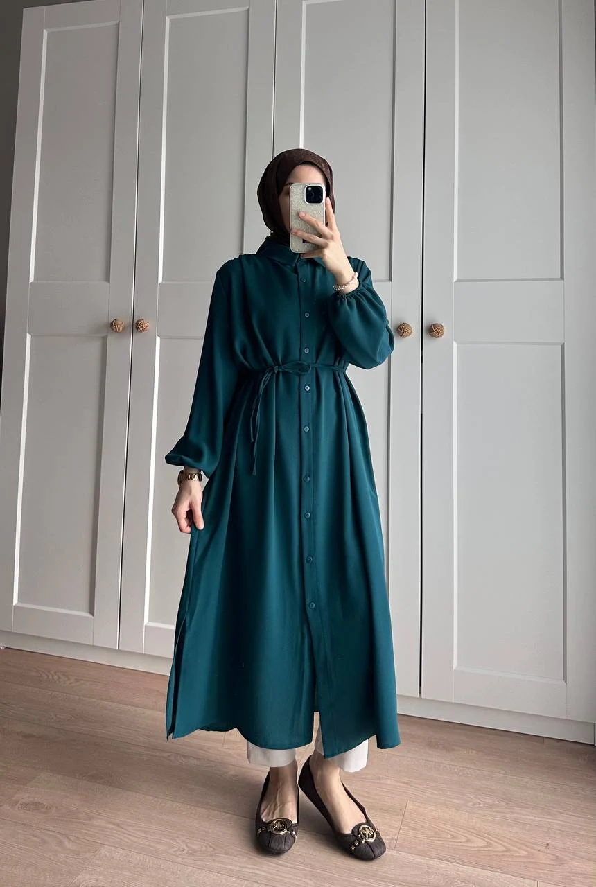 Elif İthal Krep Yırtmaçlı Tunik - Petrol Mavi
