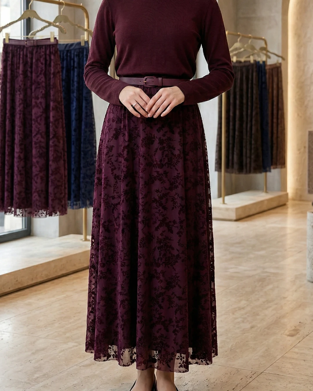 Flok Baskı Astarlı Tül Etek - Bordo