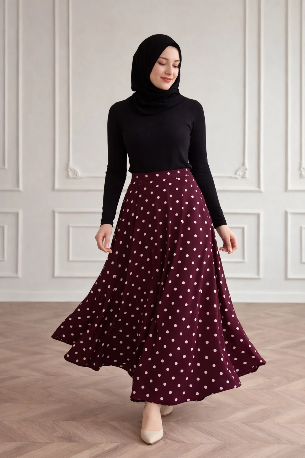 Popy Puantiyeli Şifon Etek - Mürdüm