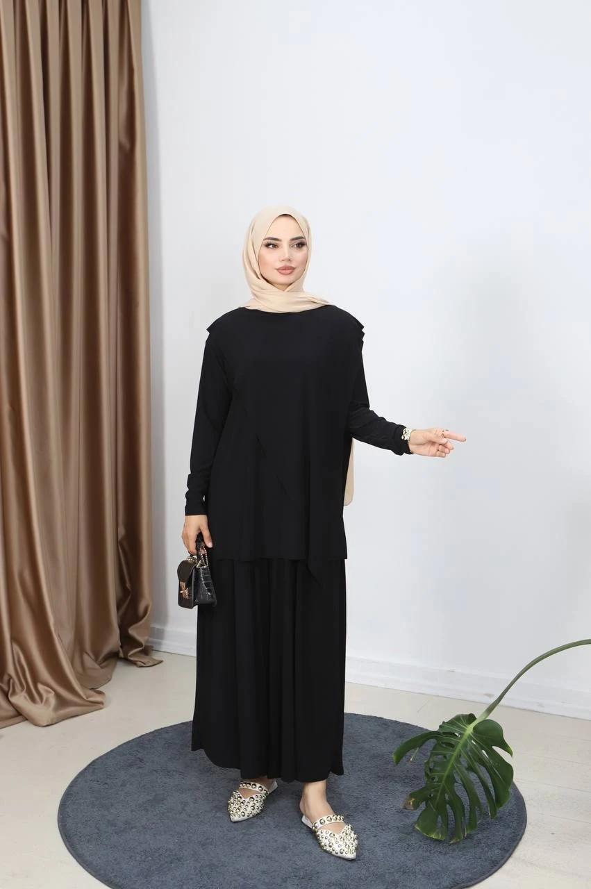 Asimetrik Etek Pantolon Sandy Takım - Siyah